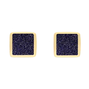 9ct Yellow Gold Sterling Silver Blue Goldstone Stepping Stones Square Stud Earrings