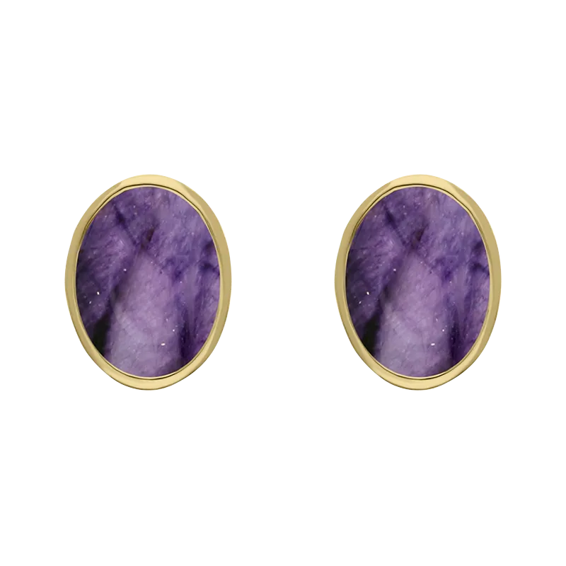 9ct Yellow Gold Sterling Silver Blue John Stepping Stones 6x8mm Oval Stud Earrings