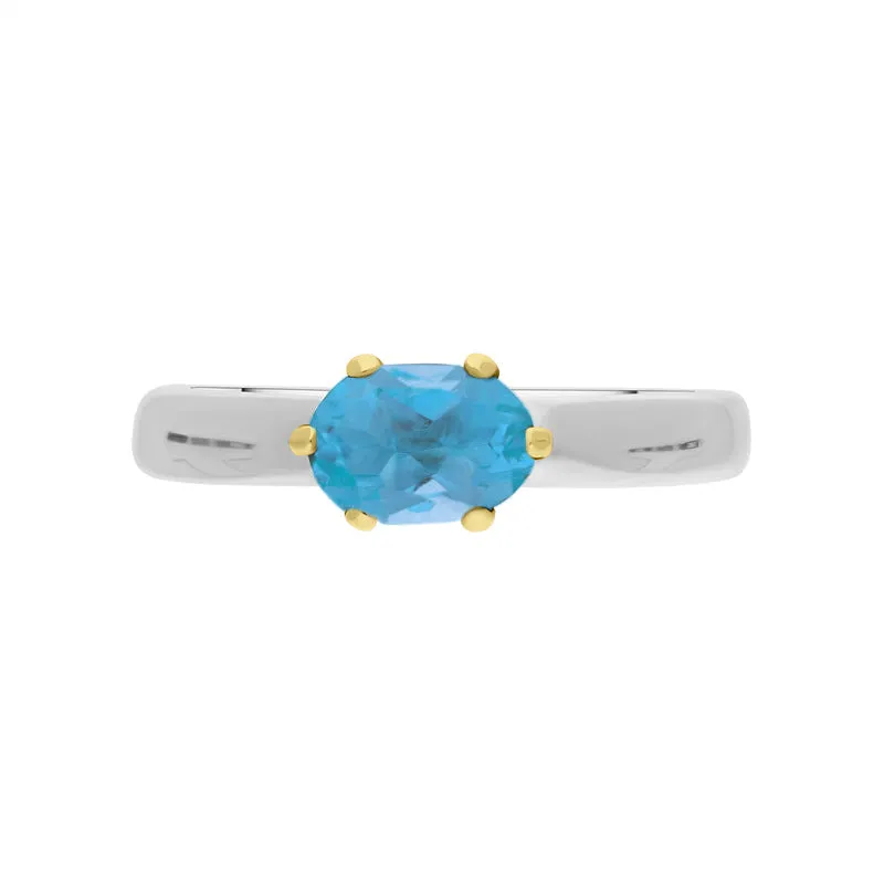 9ct Yellow Gold Sterling Silver Blue Topaz Stepping Stones 4x7mm Oval Claw Set Ring