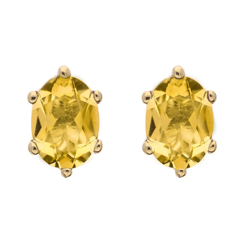 9ct Yellow Gold Sterling Silver Citrine Stepping Stones 4x7mm Oval Claw Set Stud Earrings