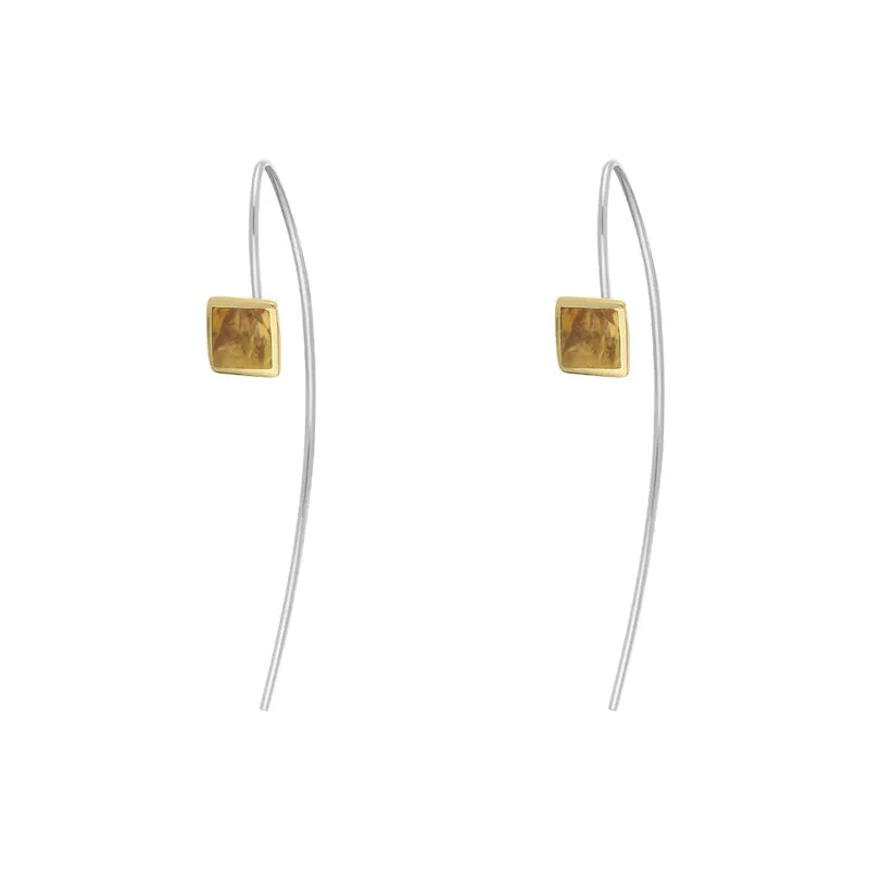 9ct Yellow Gold Sterling Silver Citrine Stepping Stones 5mm Square Hook Earrings