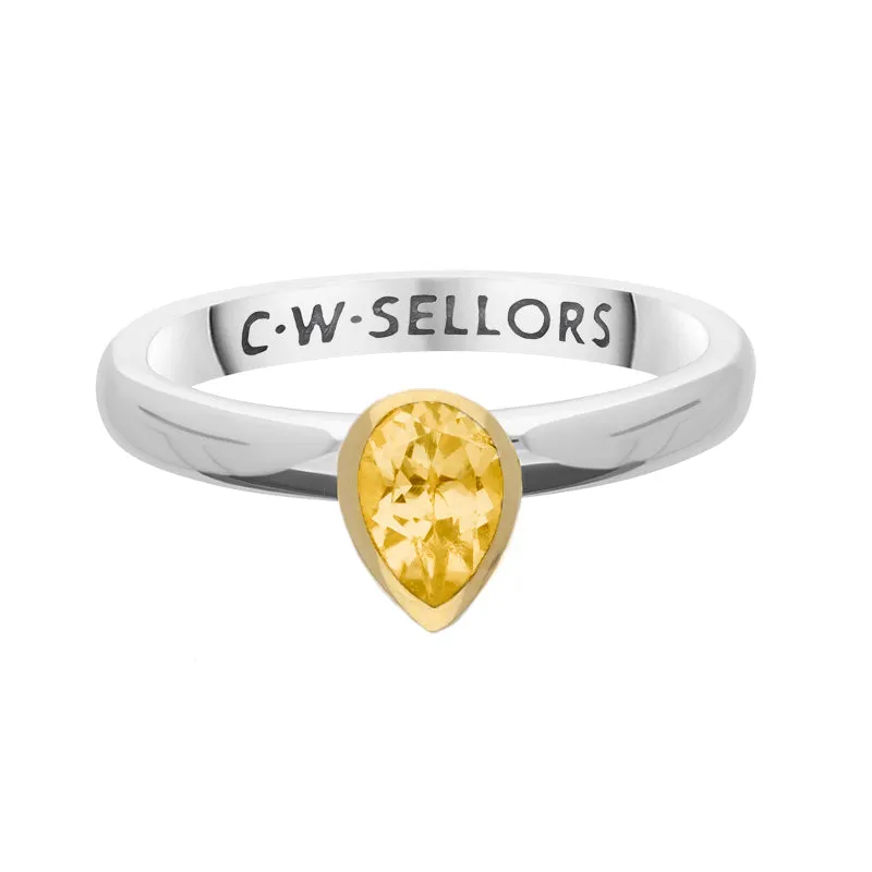 9ct Yellow Gold Sterling Silver Citrine Stepping Stones 5x7mm Pear Cut Bezel Set Ring