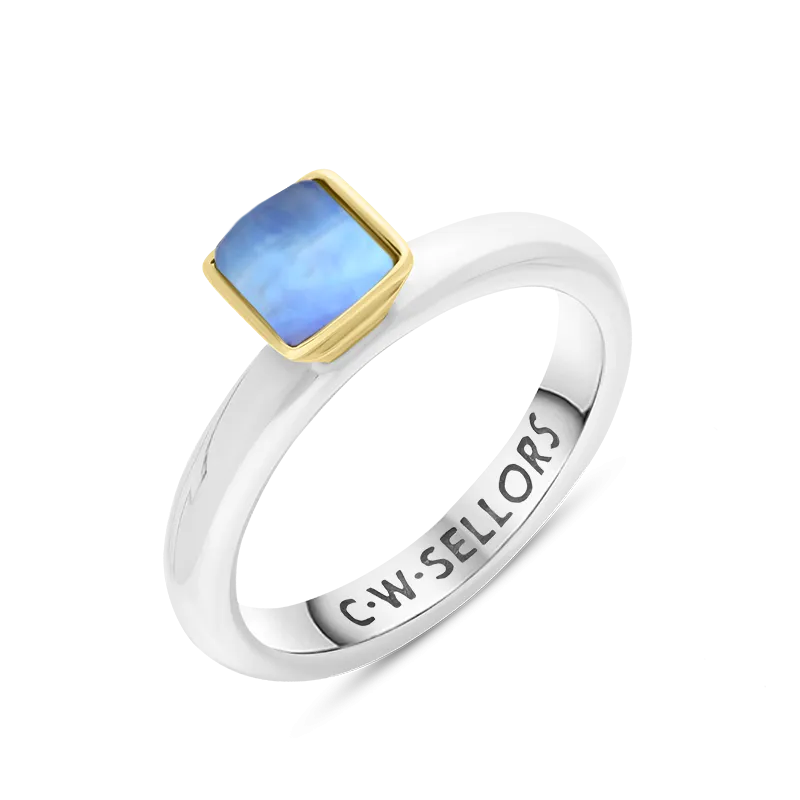 9ct Yellow Gold Sterling Silver Moonstone Stepping Stones 5mm Square Bezel Set Ring