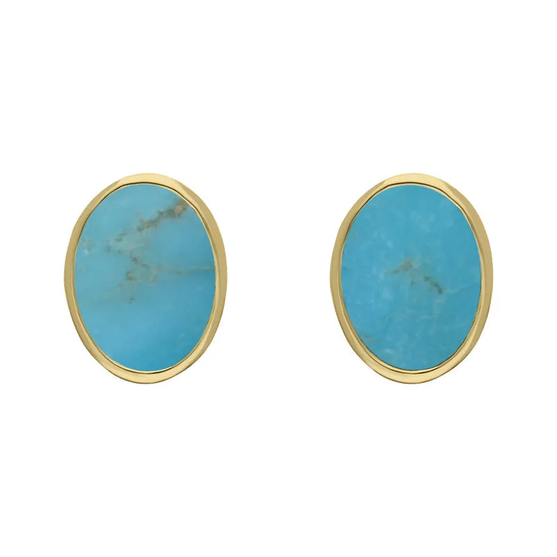 9ct Yellow Gold Sterling Silver Turquoise Stepping Stones 6x8mm Oval Stud Earrings