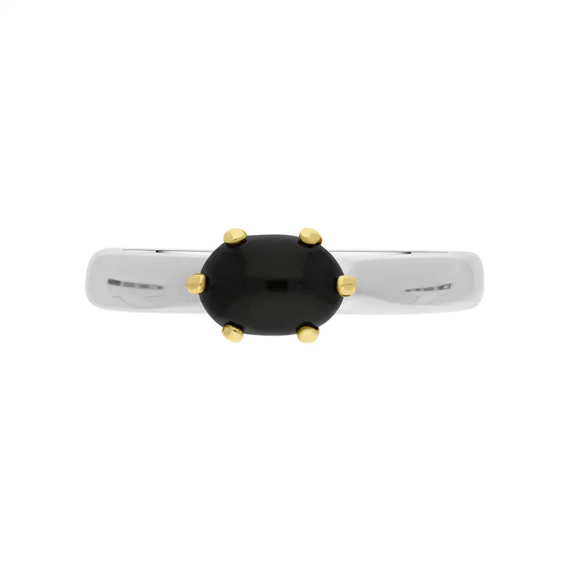 9ct Yellow Gold Sterling Silver Whitby Jet Stepping Stones 4x7mm Oval Claw Set Ring D