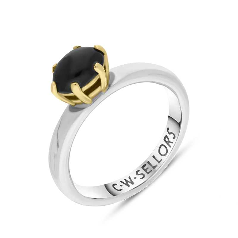 9ct Yellow Gold Sterling Silver Whitby Jet Stepping Stones 4x7mm Oval Claw Set Ring D