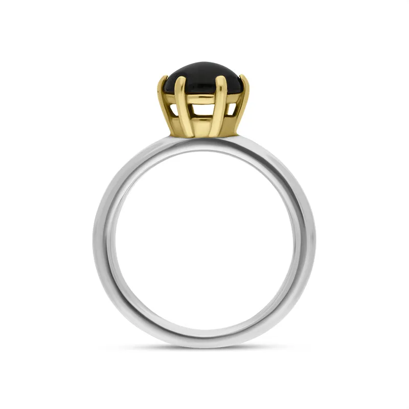 9ct Yellow Gold Sterling Silver Whitby Jet Stepping Stones 4x7mm Oval Claw Set Ring D
