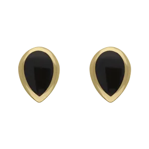 9ct Yellow Gold Sterling Silver Whitby Jet Stepping Stones 5x7mm Pear Stud Earrings
