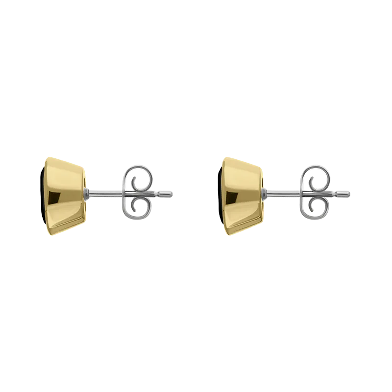 9ct Yellow Gold Sterling Silver Whitby Jet Stepping Stones 6x8mm Oval Stud Earrings