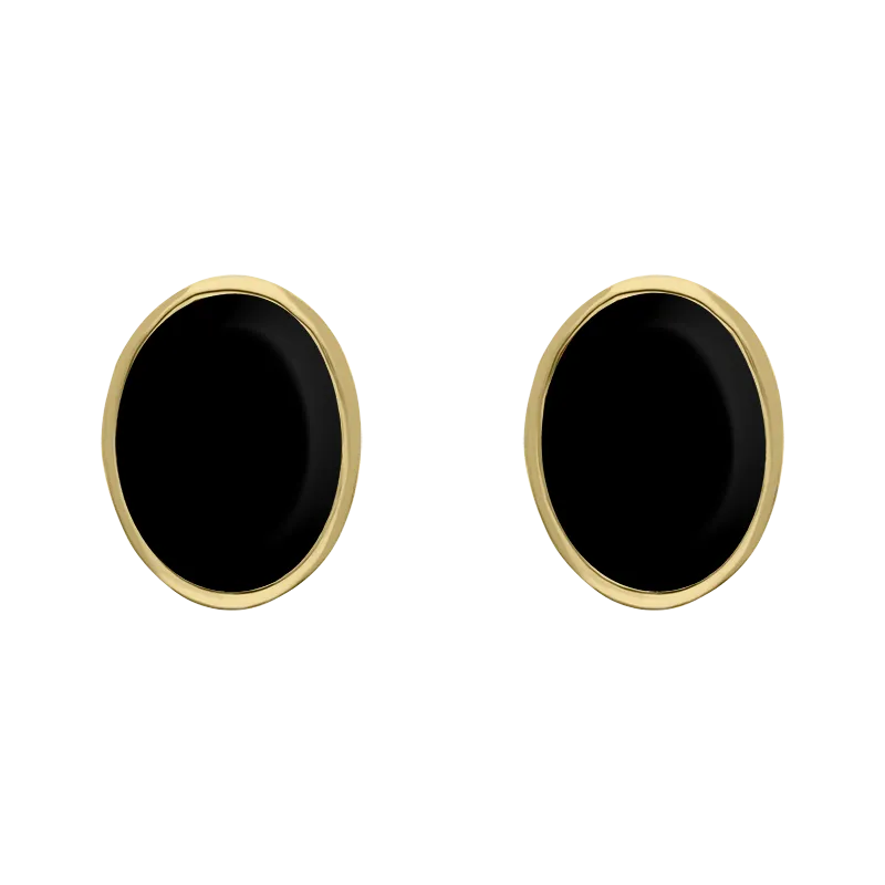 9ct Yellow Gold Sterling Silver Whitby Jet Stepping Stones 6x8mm Oval Stud Earrings
