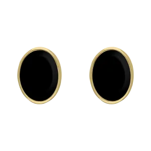9ct Yellow Gold Sterling Silver Whitby Jet Stepping Stones 6x8mm Oval Stud Earrings