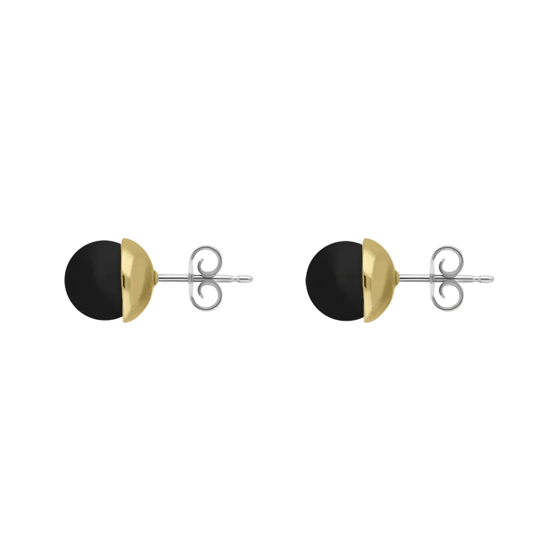 9ct Yellow Gold Sterling Silver Whitby Jet Stepping Stones Bead Cup Stud Earrings