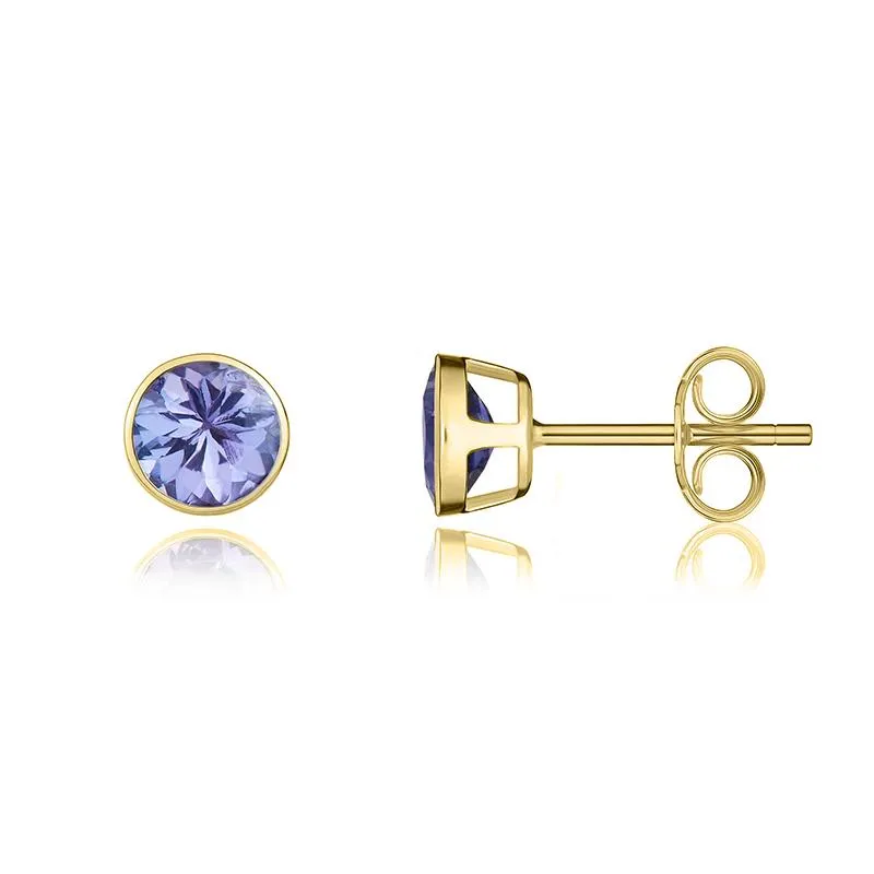 9ct Yellow Gold Tanzanite 5mm Round Rub Over Set Stud Earrings