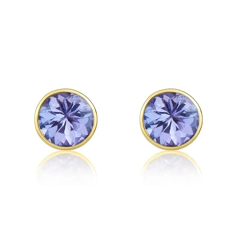 9ct Yellow Gold Tanzanite 5mm Round Rub Over Set Stud Earrings