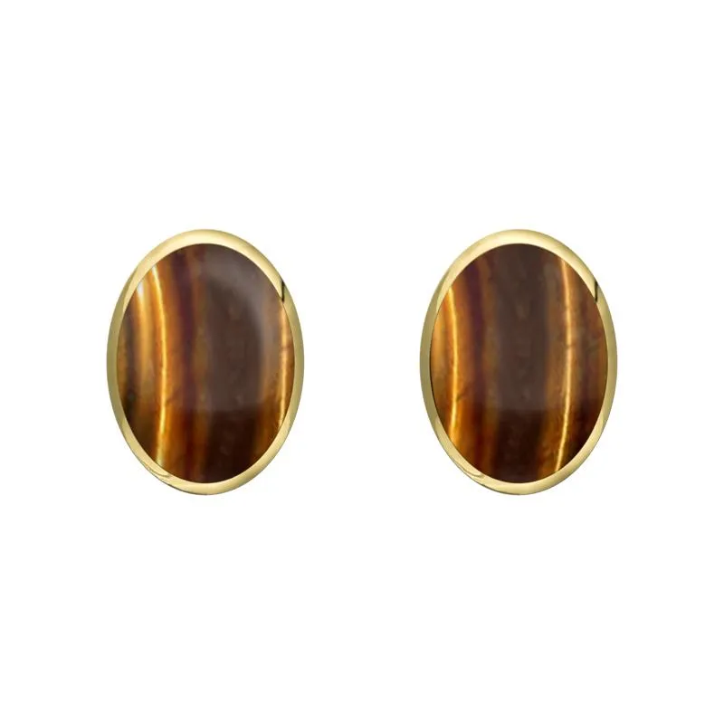 9ct Yellow Gold Tigers Eye 7 x 5mm Classic Small Oval Stud Earrings