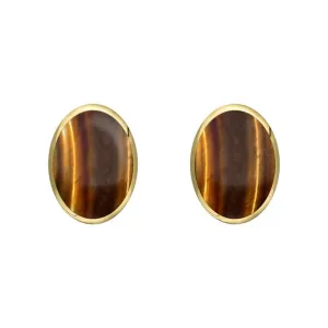 9ct Yellow Gold Tigers Eye 7 x 5mm Classic Small Oval Stud Earrings