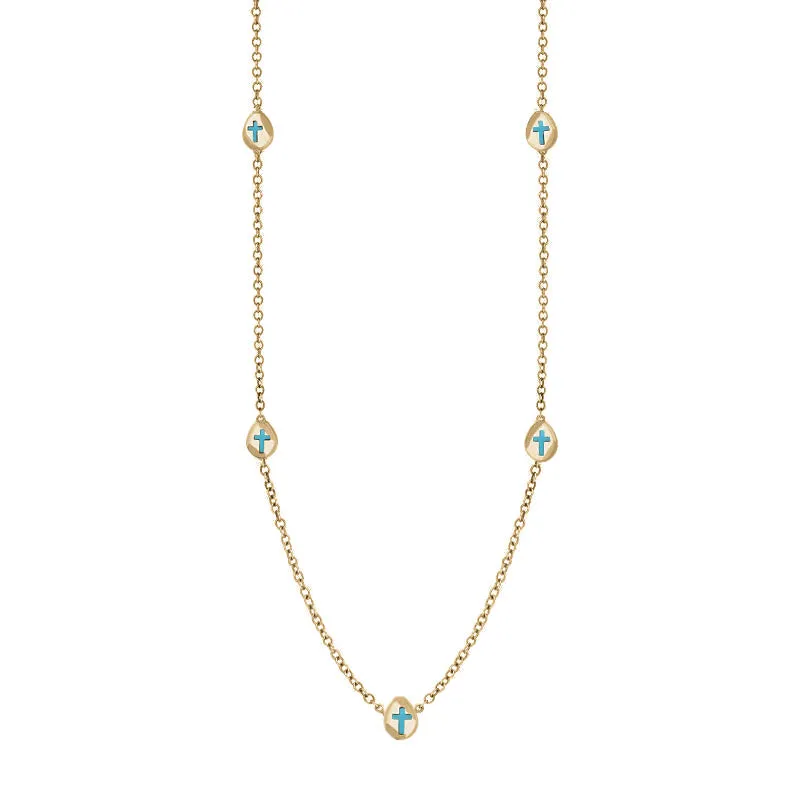 9ct Yellow Gold Turquoise Cross Link Disc Chain Necklace