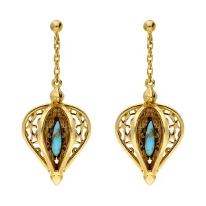 9ct Yellow Gold Turquoise Flore Filigree Drop Earrings