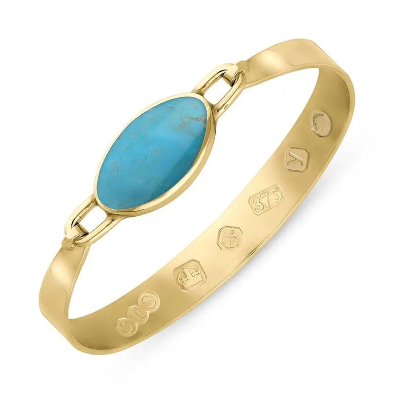 9ct Yellow Gold Turquoise King's Coronation Hallmark Wide Oval Bangle D