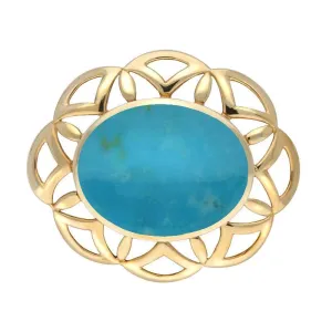9ct Yellow Gold Turquoise Large Flower Brooch