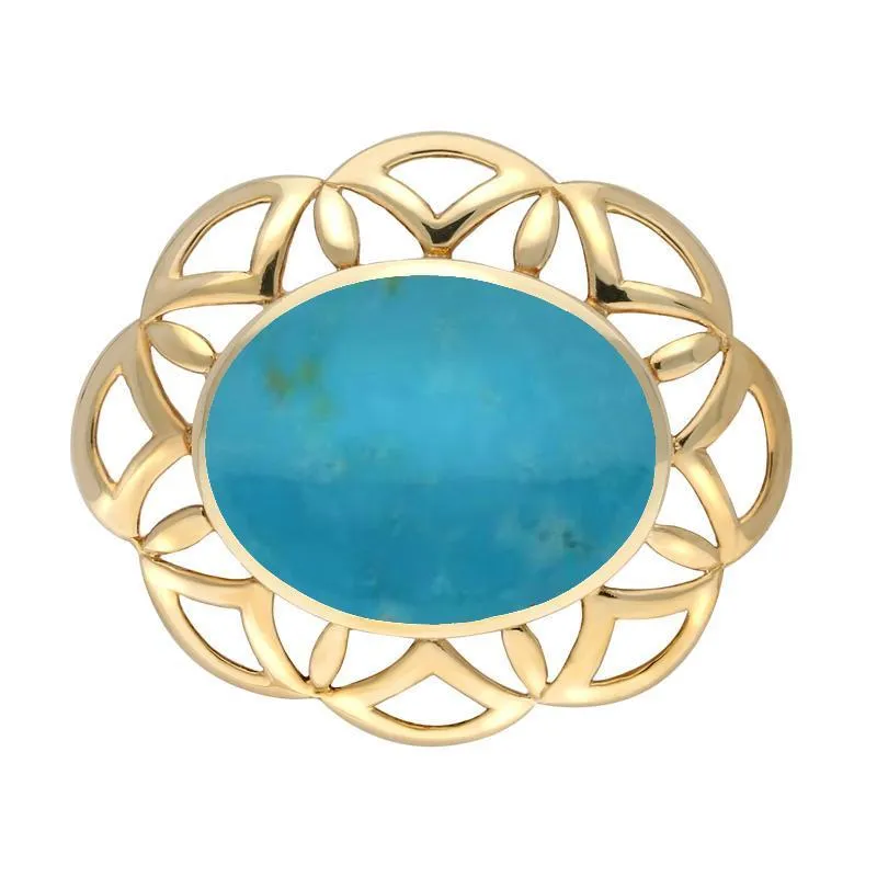 9ct Yellow Gold Turquoise Large Flower Brooch