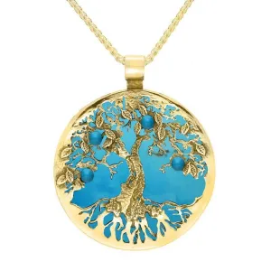 9ct Yellow Gold Turquoise Large Round Tree Of Life Necklace