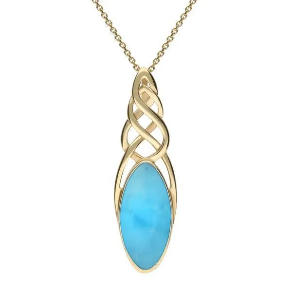 9ct Yellow Gold Turquoise Long Marquise Celtic Necklace