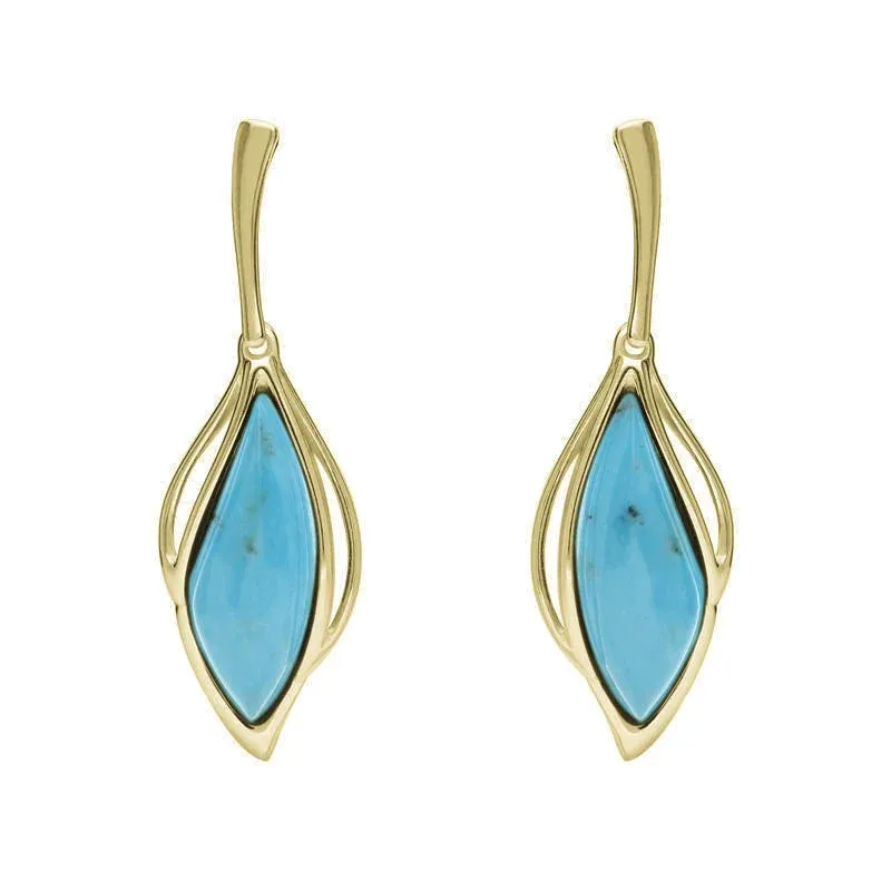 9ct Yellow Gold Turquoise Open Marquise Drop Earrings