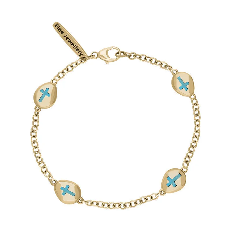 9ct Yellow Gold Turquoise Oval Cross Detail Four Stone Bracelet