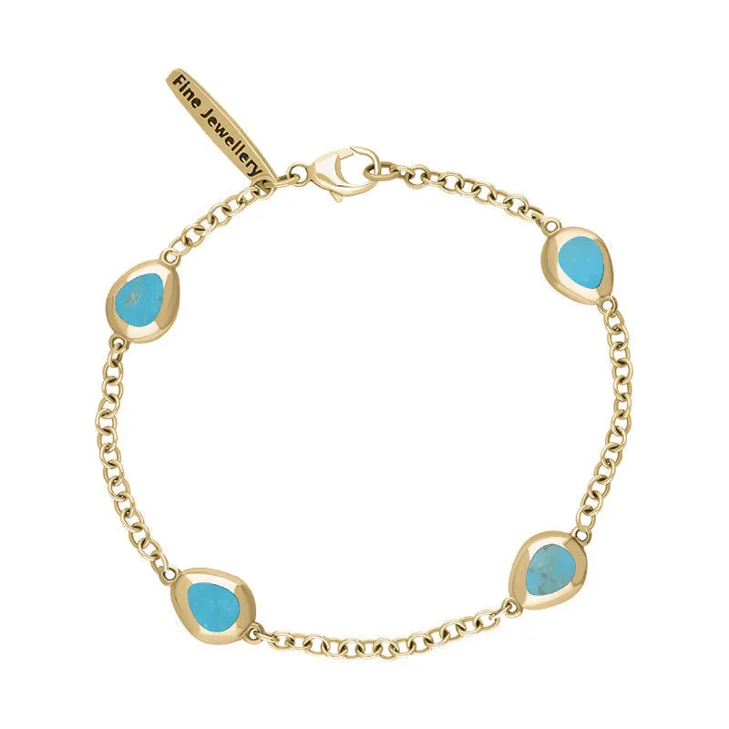 9ct Yellow Gold Turquoise Oval Fleur De Lis Detail Four Stone Bracelet