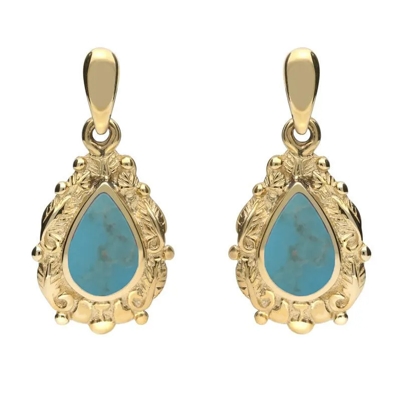 9ct Yellow Gold Turquoise Pear Shaped Leaf Drop Earrings
