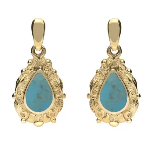 9ct Yellow Gold Turquoise Pear Shaped Leaf Drop Earrings