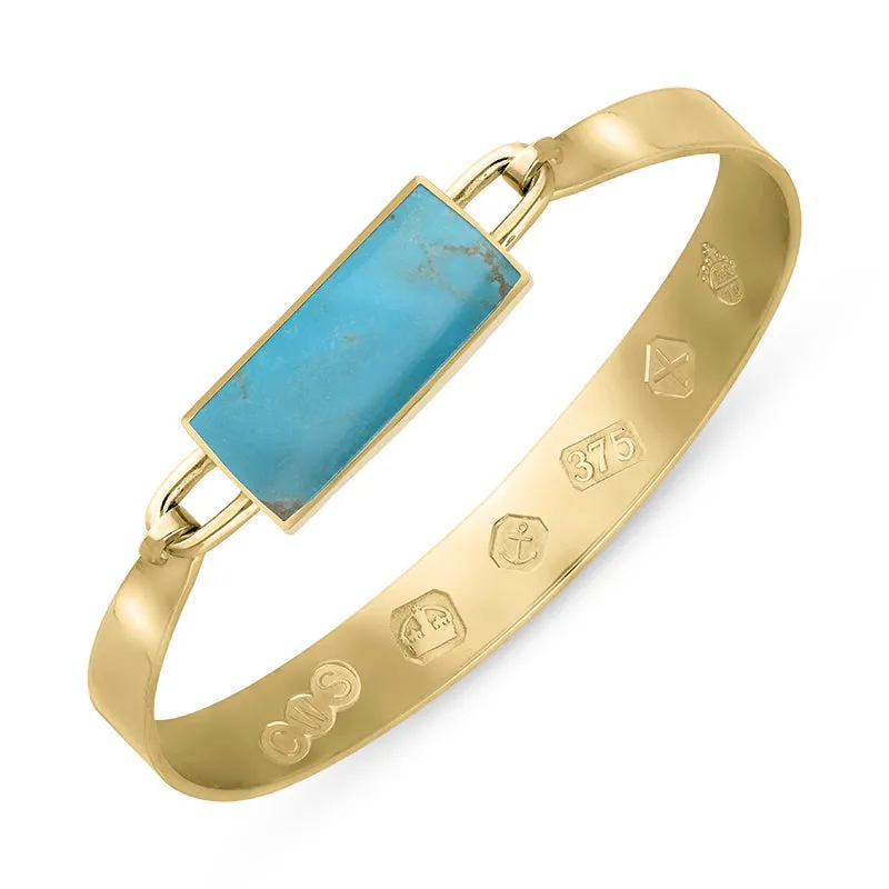 9ct Yellow Gold Turquoise Queen's Jubilee Hallmark Wide Oblong Bangle D