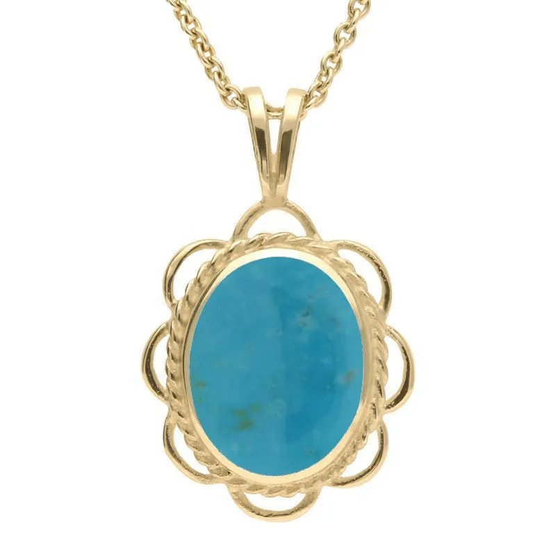 9ct Yellow Gold Turquoise Rope Edged Oval Frill Necklace