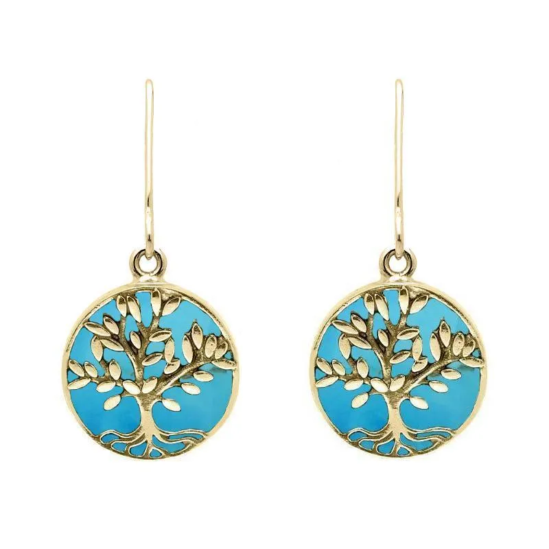 9ct Yellow Gold Turquoise Round Large Leaves Tree of Life Two Piece Set