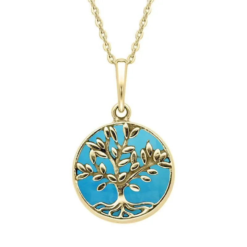 9ct Yellow Gold Turquoise Round Large Leaves Tree of Life Two Piece Set
