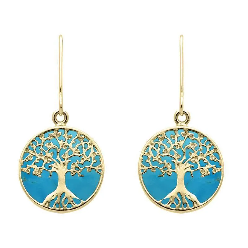 9ct Yellow Gold Turquoise Round Tree Drop Earrings