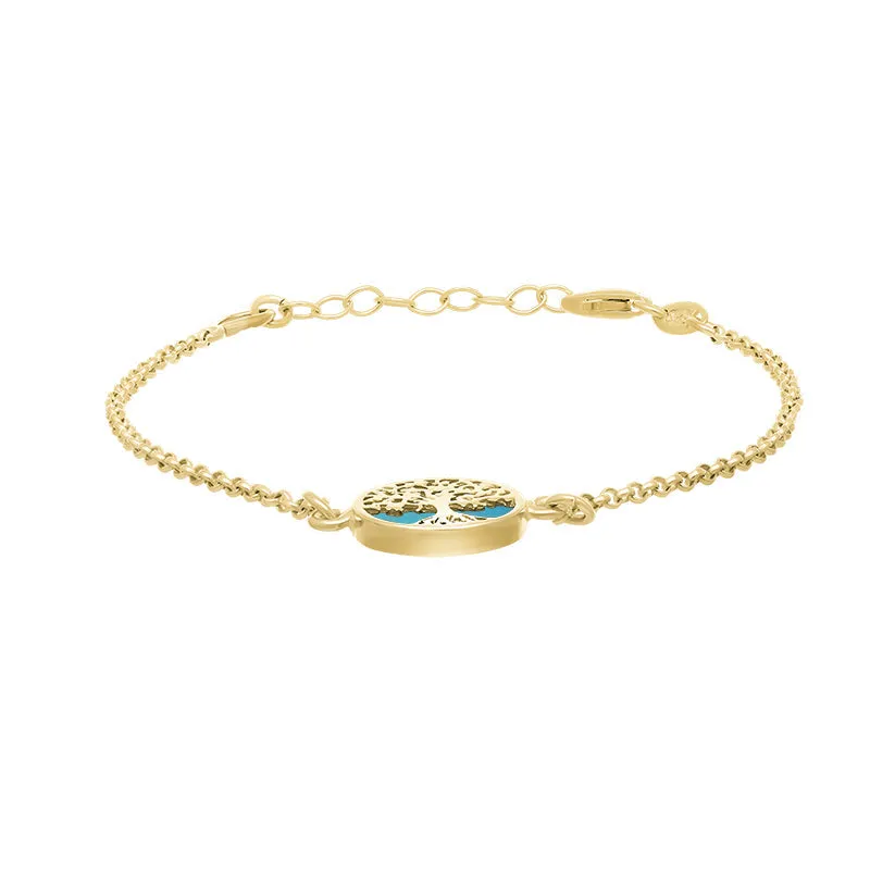 9ct Yellow Gold Turquoise Round Tree of Life Chain Bracelet