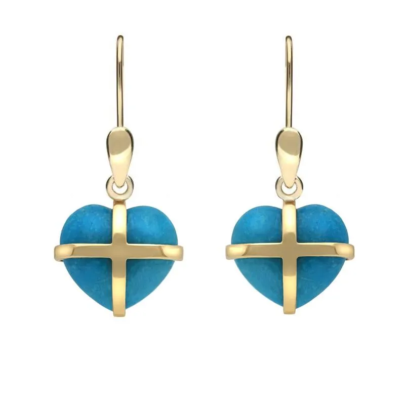 9ct Yellow Gold Turquoise Small Cross Heart Drop Earrings