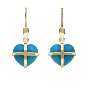 9ct Yellow Gold Turquoise Small Cross Heart Drop Earrings