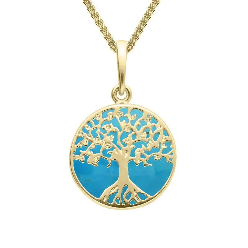 9ct Yellow Gold Turquoise Small Round Tree Of Life Necklace