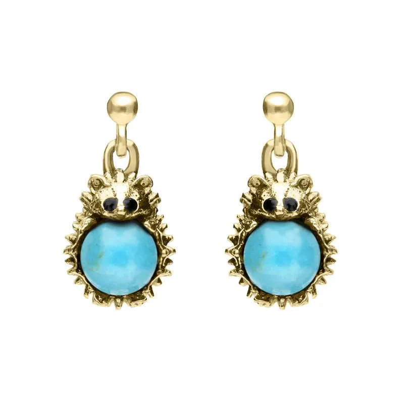 9ct Yellow Gold Turquoise Tiny Hedgehog Drop Earrings