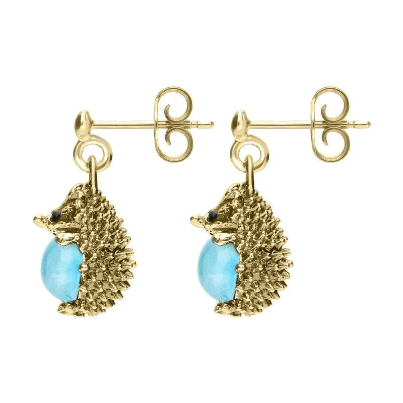 9ct Yellow Gold Turquoise Tiny Hedgehog Drop Earrings