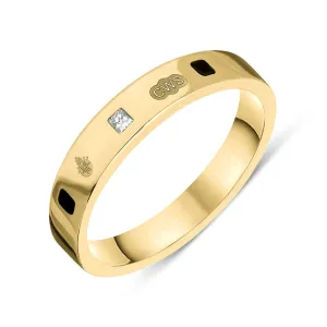 9ct Yellow Gold Whitby Jet 0.09ct Diamond Queen's Jubilee Hallmark Princess Cut 4mm Ring D