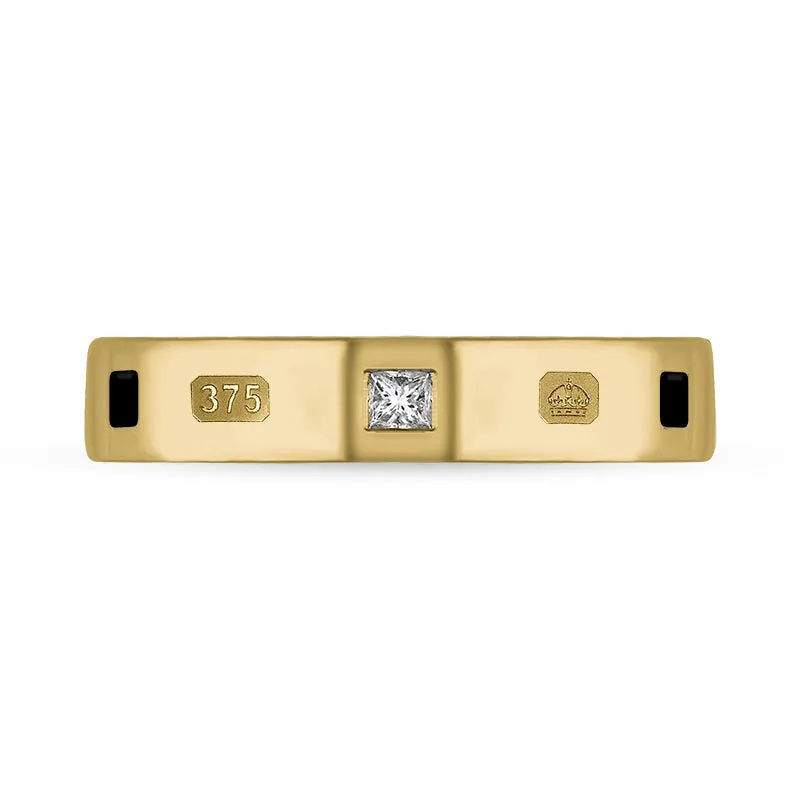 9ct Yellow Gold Whitby Jet 0.09ct Diamond Queen's Jubilee Hallmark Princess Cut 4mm Ring D