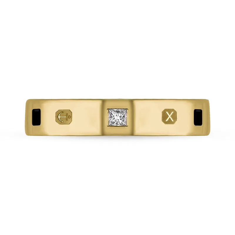 9ct Yellow Gold Whitby Jet 0.09ct Diamond Queen's Jubilee Hallmark Princess Cut 4mm Ring D