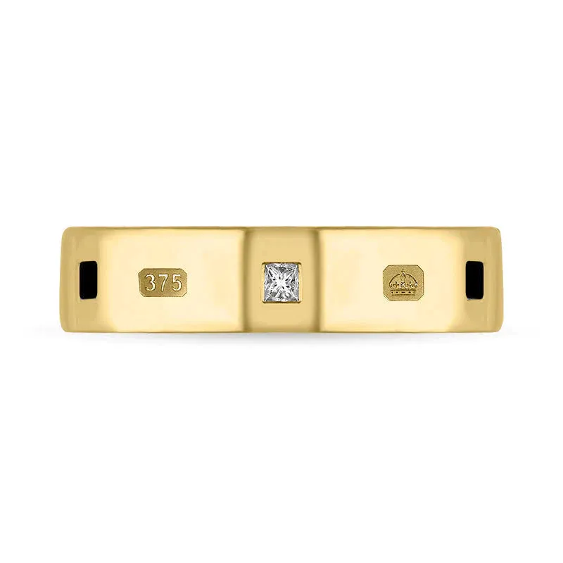 9ct Yellow Gold Whitby Jet 0.12ct Diamond Queen's Jubilee Hallmark Princess Cut 5mm Ring D
