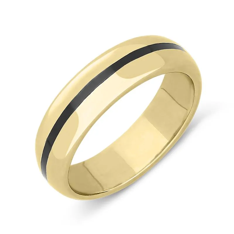 9ct Yellow Gold Whitby Jet 1mm Stone Inlaid Wedding Band Ring