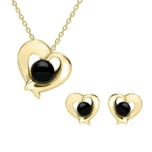 9ct Yellow Gold Whitby Jet Abstract Heart Two Piece Set