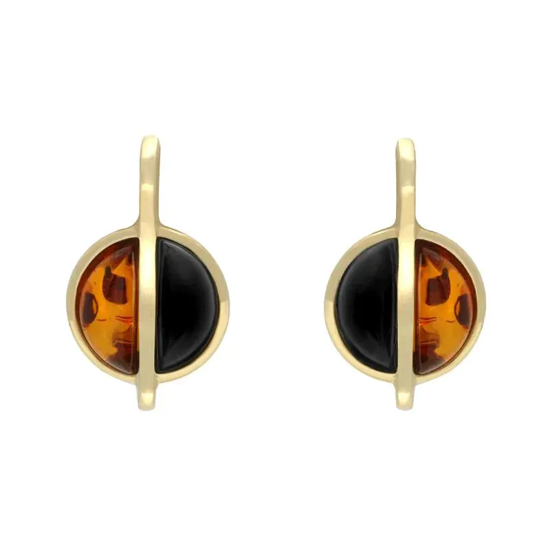 9ct Yellow Gold Whitby Jet Amber Semi Circle Long Top Stud Earrings D